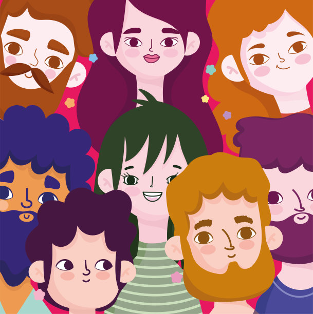 肖像的男人和女人的面孔头像人物在卡通背景图片下载