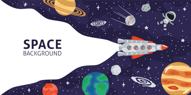 空间水平背景与火箭，行星，宇航员和复制空间的文字在卡通风格。概念旗帜与太阳系为您的设计。向量llustration图片下载