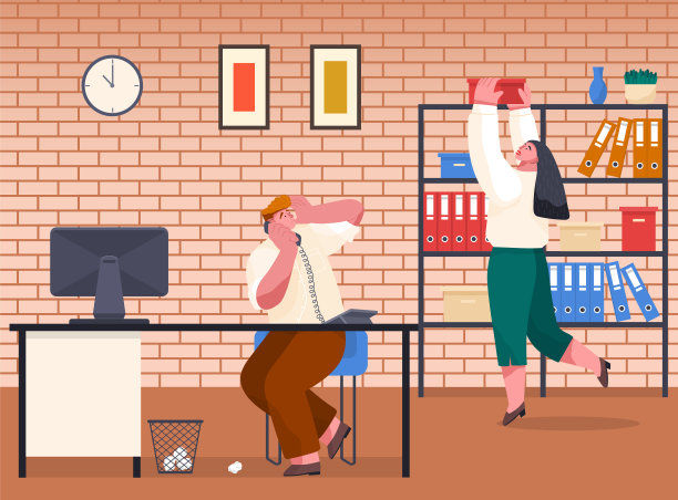 女人从架子上拿起纸板箱，办公室职员拿着电话惊慌失措，办公室里一片混乱，最后期限到了图片下载