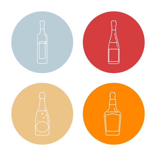 一瓶伏特加，红酒，香槟和威士忌的细线条。背景是圆。孤立对象设计饮料。平面风格的图形插图。餐厅，派对的简单图标图片下载