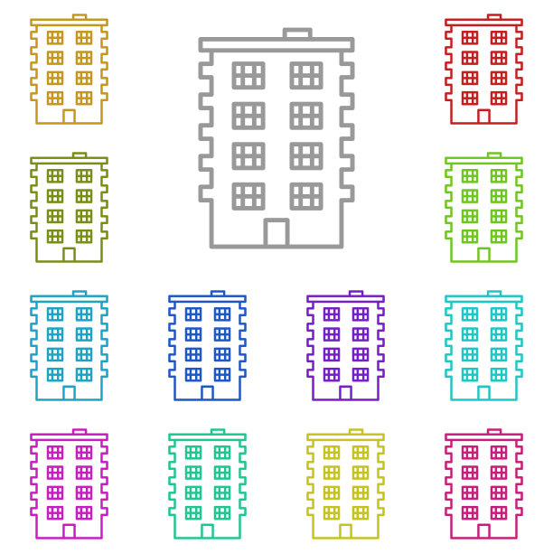 建筑图标在多颜色。简单的轮廓向量的建立设置的用户界面和用户体验，网站或移动应用程序图片下载