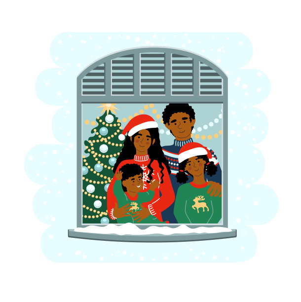 非裔美国家庭在圣诞节呆在一起在家里的窗户。有孩子的父母。可爱的矢量插图绘制平面风格。图片下载