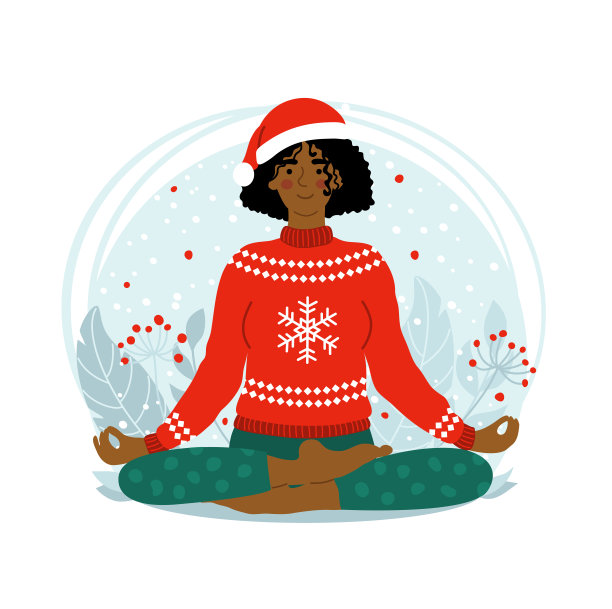 年轻的非裔美国妇女冥想和坐在莲花在冬季自然背景。穿斯堪的纳维亚毛衣戴圣诞帽的女孩。平面风格的矢量插图图片下载