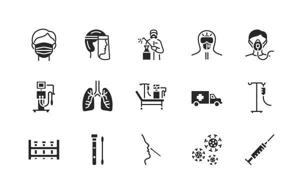 Covid-19防护和医学检测。平面字形图标集。矢量插图包括人工肺通气，在个人防护装备的脸上。防护服。图片下载
