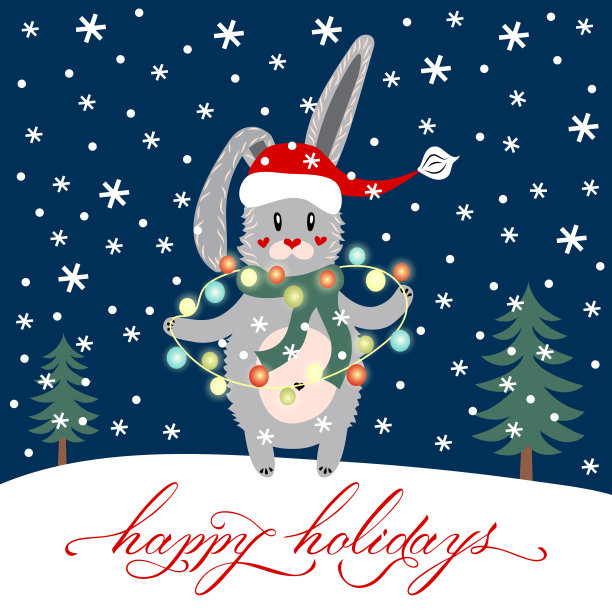 爪子上戴着花环的可爱兔子。刻字节日快乐。卡通人物。圣诞节。副本的空间。平面设计。矢量插图。有趣的动物，枞树，雪花。图片下载
