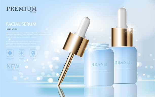 每年或节日特卖补水面部精华液。银和金血清面膜瓶隔离在亮片颗粒背景上。优雅的化妆品广告，插图EPS10。图片下载
