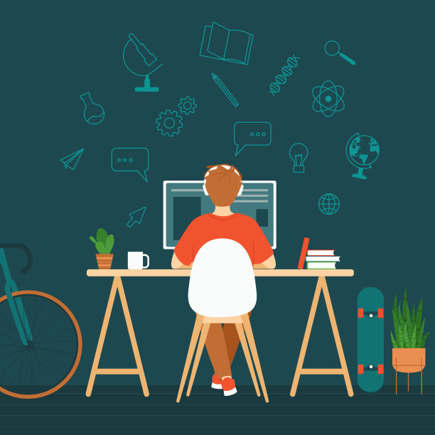 一个男生正在网上做作业。男孩坐在电脑桌在房间，后视图。远程教育的概念。电子学习。远程教育。在电脑上工作的角色。矢量图图片下载