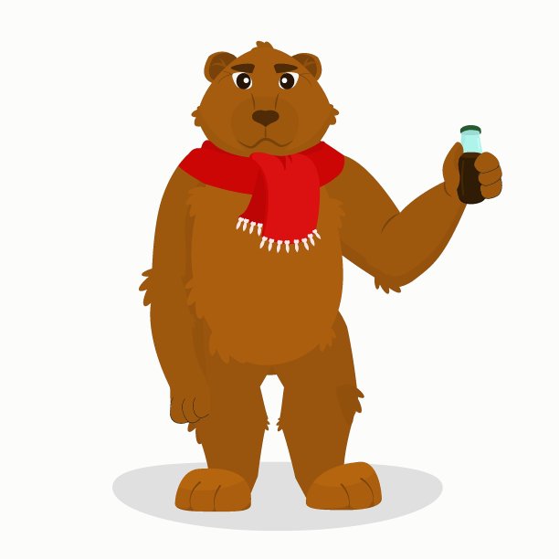 棕色的熊，戴着红色的围巾，爪子里拿着一瓶柠檬水。冬季新年插图图片下载