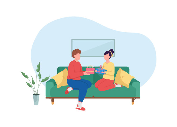 情侣交换礼物2D矢量网页横幅，海报图片下载