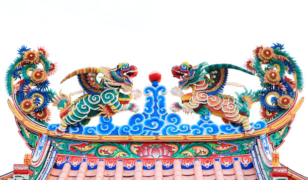 中国龙像的围墙上隔离了白底大门图片下载