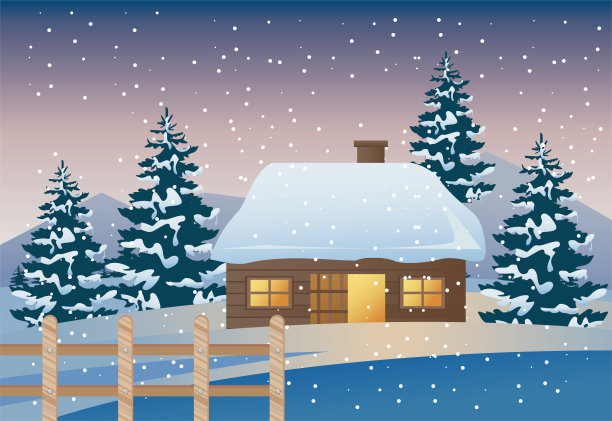 美丽的房子和松树与木栅栏的冬季景观景色图片下载