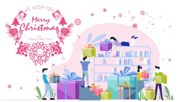 祝您圣诞快乐，新年快乐，男女家庭拿着礼品盒，适合庆祝赠送活动的文本图片下载