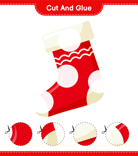 剪下并粘上，剪下圣诞袜的一部分并粘上它们。教育儿童游戏，可打印的工作表，矢量插图图片下载
