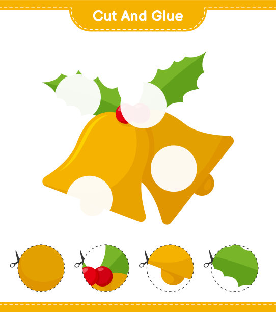 剪下来粘上，把圣诞钟剪下来粘上。教育儿童游戏，可打印的工作表，矢量插图图片下载