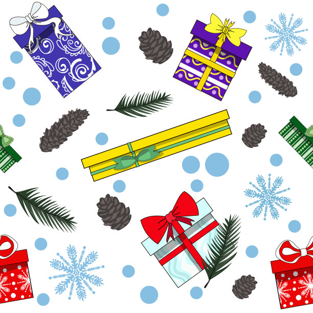 圣诞节无缝模式。它包含了礼物，圣诞树的树枝，圣诞树的锥和雪花，孤立在一个白色的背景。股票矢量图图片下载