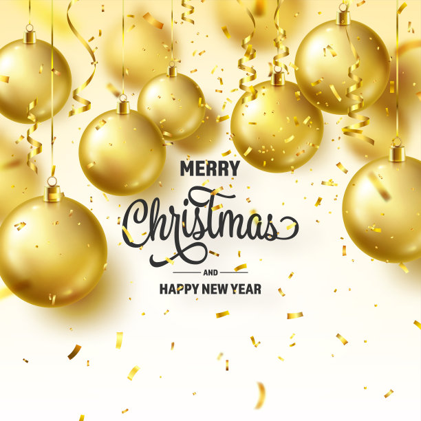 圣诞背景与树球，彩带和五彩纸屑。金色的球。新年。冬天的假期。季节性销售装饰。黄金圣诞礼物图片下载