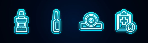 成套漱口瓶、止痛片、耳鼻咽喉头反射器、牙科卡。发光的霓虹灯图标。向量图片下载