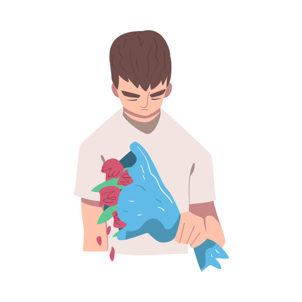 悲伤的男性角色与一束花痛苦因为失去的爱和心碎矢量插图图片下载