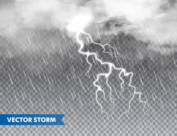 现实的雨与云和闪电在透明的背景。雷暴、暴风雨天气效应。降雨，水滴效应。秋天潮湿的雨天。矢量图图片下载