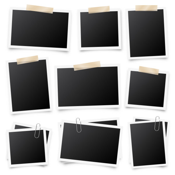 逼真的空白照片卡框，电影集。带有胶带和阴影的复古照片。数字快照图像。摄影艺术。用于设计的模板或模型。矢量图图片下载