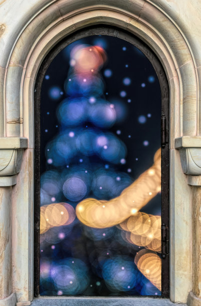 古老的门和一棵喜庆的圣诞树图片下载