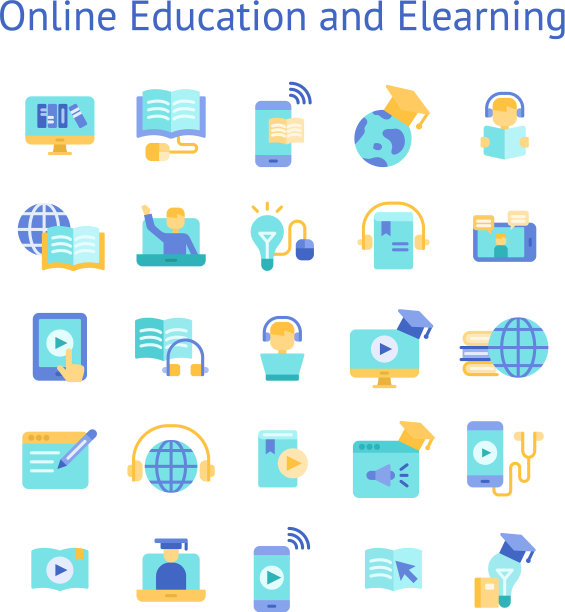 在线教育和电子学习平面图标设置图片下载