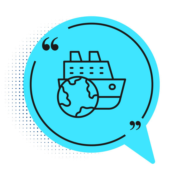 黑线游轮图标孤立在白色背景。旅游旅游航海运输。远航客轮、邮轮。全球巡航。蓝色语音气泡符号。向量图片下载