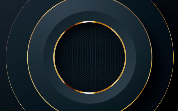 抽象三维圆形层黑色背景与黄金线效果图片下载
