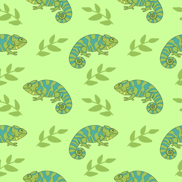 变色龙。无缝模式。图案与可爱的变色龙和树枝。图片下载