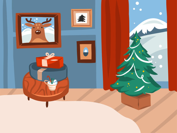 手绘矢量抽象股票扁平圣诞快乐，和新年快乐的大装饰圣诞树和礼物盒在假日家庭室内孤立的彩色背景卡通节日插图图片下载