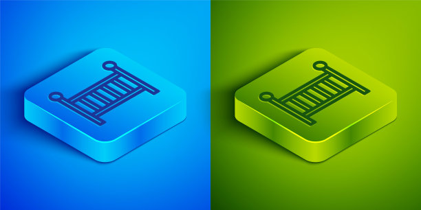 等距线婴儿床摇篮床图标孤立在蓝色和绿色的背景。方形按钮。向量图片下载