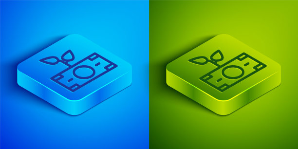 等距线钱币植物在花盆图标上隔离在蓝色和绿色的背景上。企业投资增长理念。储蓄和投资。方形按钮。向量图片下载