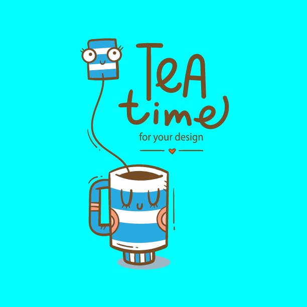 Ð的可爱卡通马克杯和茶。有趣的饮料打印。拟人化餐具海报。矢量插图涂鸦。愉快的手拉了起来Ñ。图片下载