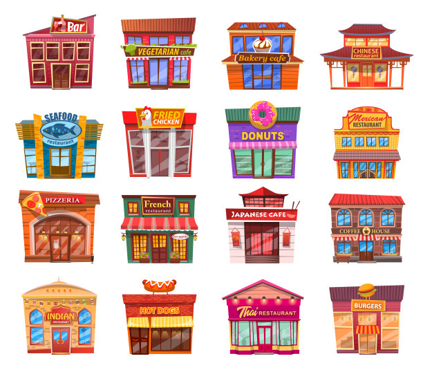 一套漂亮的商店。不同的展示披萨，餐厅，咖啡馆，酒吧平面矢量插图图片下载