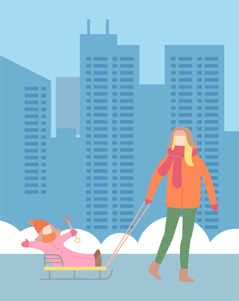 母亲拉着孩子在雪橇上，幸福的家庭户外休闲，城市景观背景图片下载