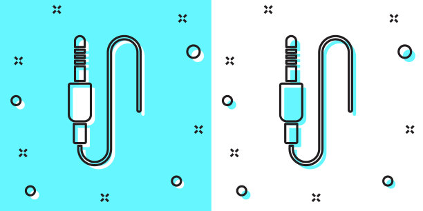 黑线音频插孔图标隔离在绿色和白色背景上。用于连接音响设备的音频电缆。插线。乐器。随机动态形状。向量图片下载