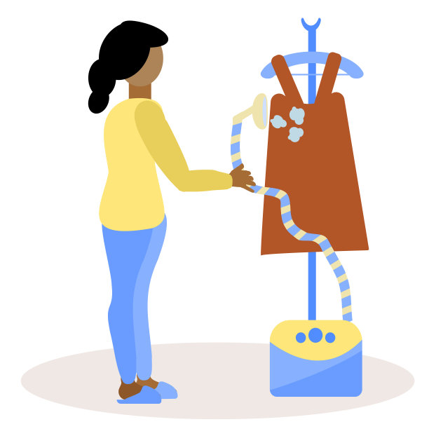 年轻的非裔美国妇女蒸衣服。蒸衣服的系统。妇女从事家务劳动。家庭活动。孤立在白色背景上。平面风格的矢量插图。图片下载