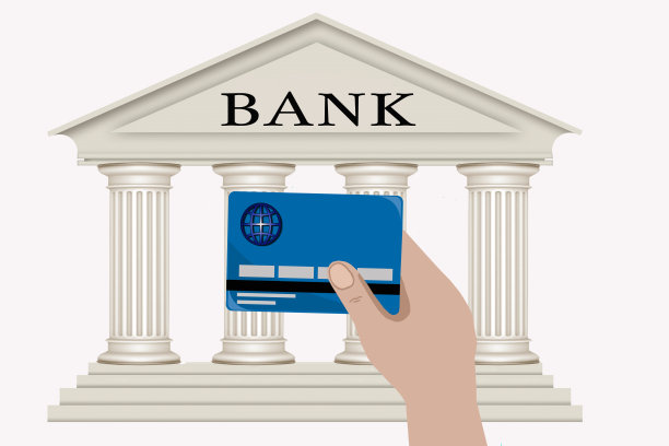 手拿着一张白色背景的信用卡，背景是银行。非接触式支付概念图片下载