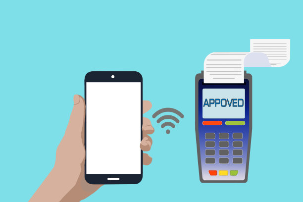 手持一个蓝色背景的移动电话和一个支付终端。非接触式支付概念图片下载