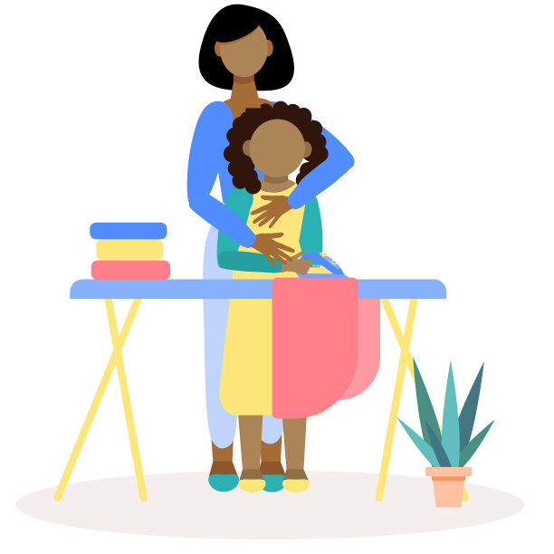 非裔美国小女孩帮妈妈熨衣服。帮助妈妈。妈妈在船上教孩子熨衬衫。平面风格矢量插图孤立在白色背景上。图片下载