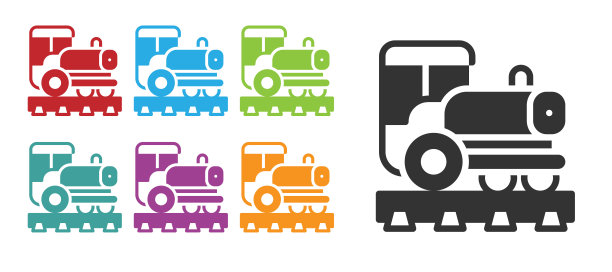 黑色复古机车图标孤立在白色背景。蒸汽机车。设置图标丰富多彩。向量图片下载