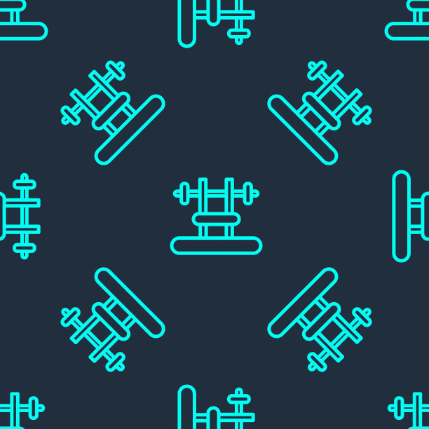 绿色线长凳与触须图标隔离无缝模式在蓝色背景。健身器材。健身、举重、健身理念。向量图片下载