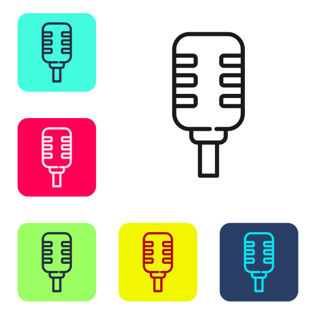 黑线麦克风图标隔离在白色背景。在空中无线电麦克风麦克风。演讲者的迹象。设置图标的颜色方形按钮。向量图片下载