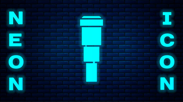 发光的霓虹灯望远镜镜头图标孤立在砖墙的背景。水手望远镜。向量图片下载