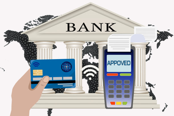 手拿信用卡附近的支付终端在世界地图的背景。非接触式支付概念图片下载