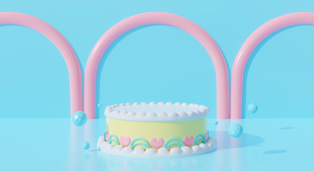 3d蓝色讲台背景抽象糖果甜点蛋糕卡通。创意点子最少的夏季食物。3d渲染彩色横幅，显示产品模型设计。周年庆典生日聚会图片下载
