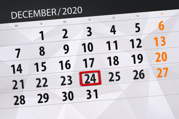2020年12月的日历计划，截止日期，24日，周四图片下载