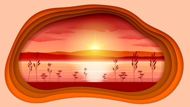 抽象剪纸日落背景与山、云、植物和水矢量风格图片下载