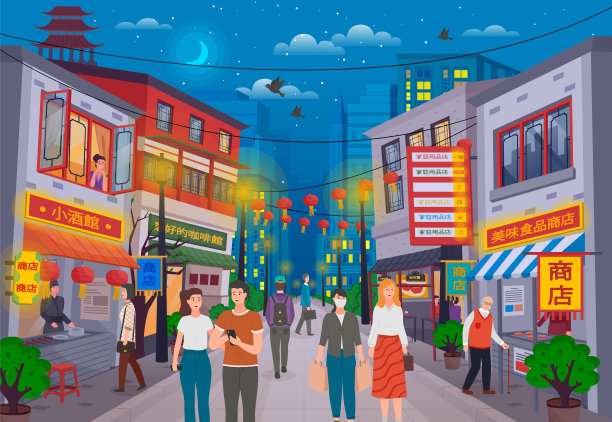 走在中国的大街上，到处都是展示商品的商店。人们在晚上走在中国的城市里图片下载