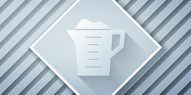 剪纸洗衣粉在一个量杯图标孤立在灰色背景。纸艺术风格。向量图片下载